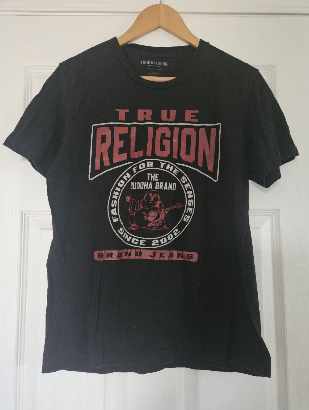 True Religion Black Short-Sleeve Tee with Red Logo Graphic Small